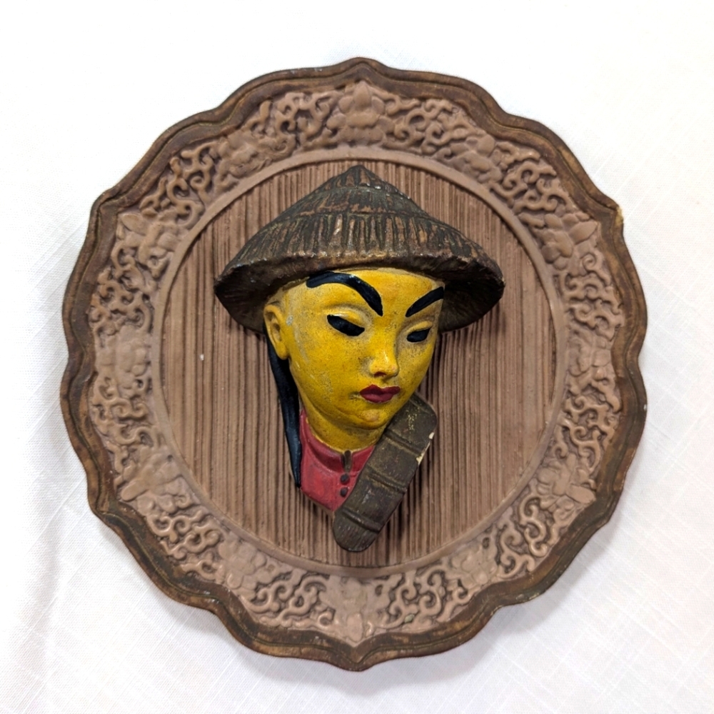 Vintage Chalkware Or Plaster Wall Hanging 1960s Asian Woman Plaque Retro Antique
